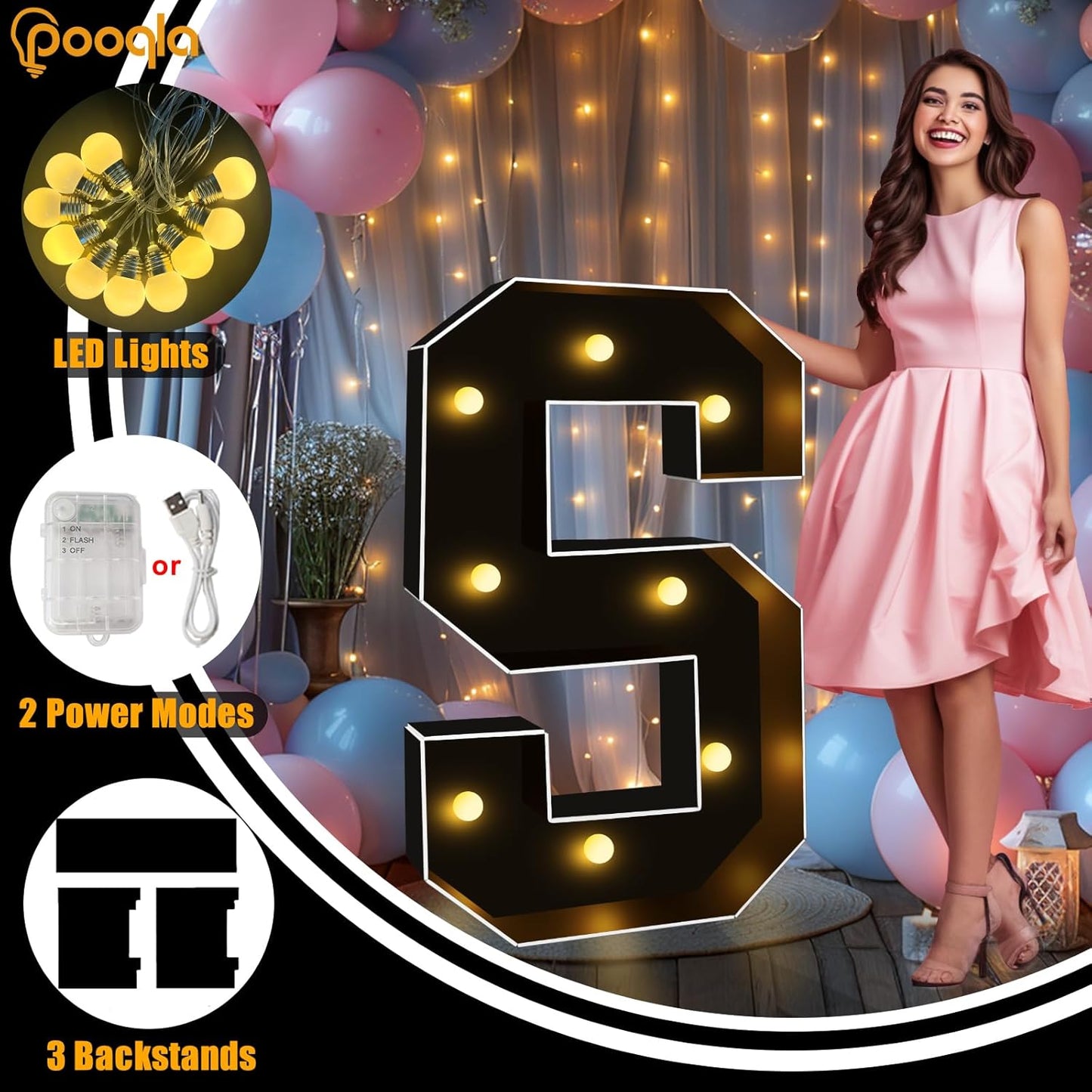 Pooqla 3FT Marquee Light Up Letters, Black LED Party Decor Large Marquee Letters 3 Feet Tall, Giant Mosaic Letter for Birthday Graduation Anniversary Wedding Decoration, Letter W