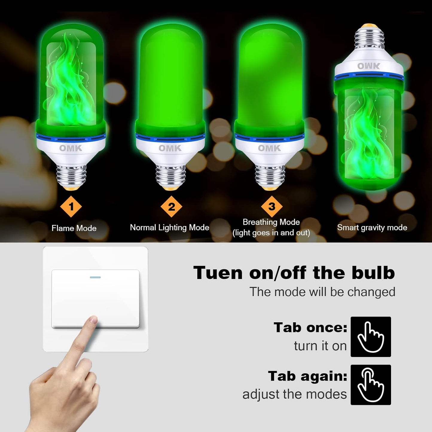 OMK - Christmas Decorations LED Flame Effect Light Bulbs - Upgraded 4 Modes Green Fire Simulated Lamps - Holiday/Christmas Gifts/Indoor/Outdoor Decoration Lights (2Pack)