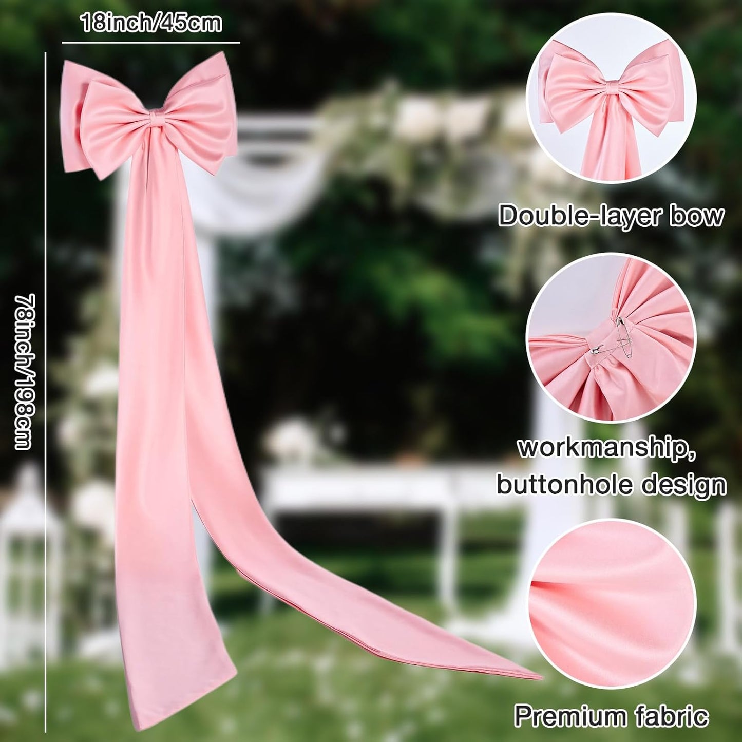 Big Bow with 24 Pcs Chair Ribbon Wedding Aisle Decorations, 78x18 inch Giant Bow for Backdrop Detachable Bow for Dress, Pew Bows Sashes for Chair Wedding Ceremony Outdoor Party (White)