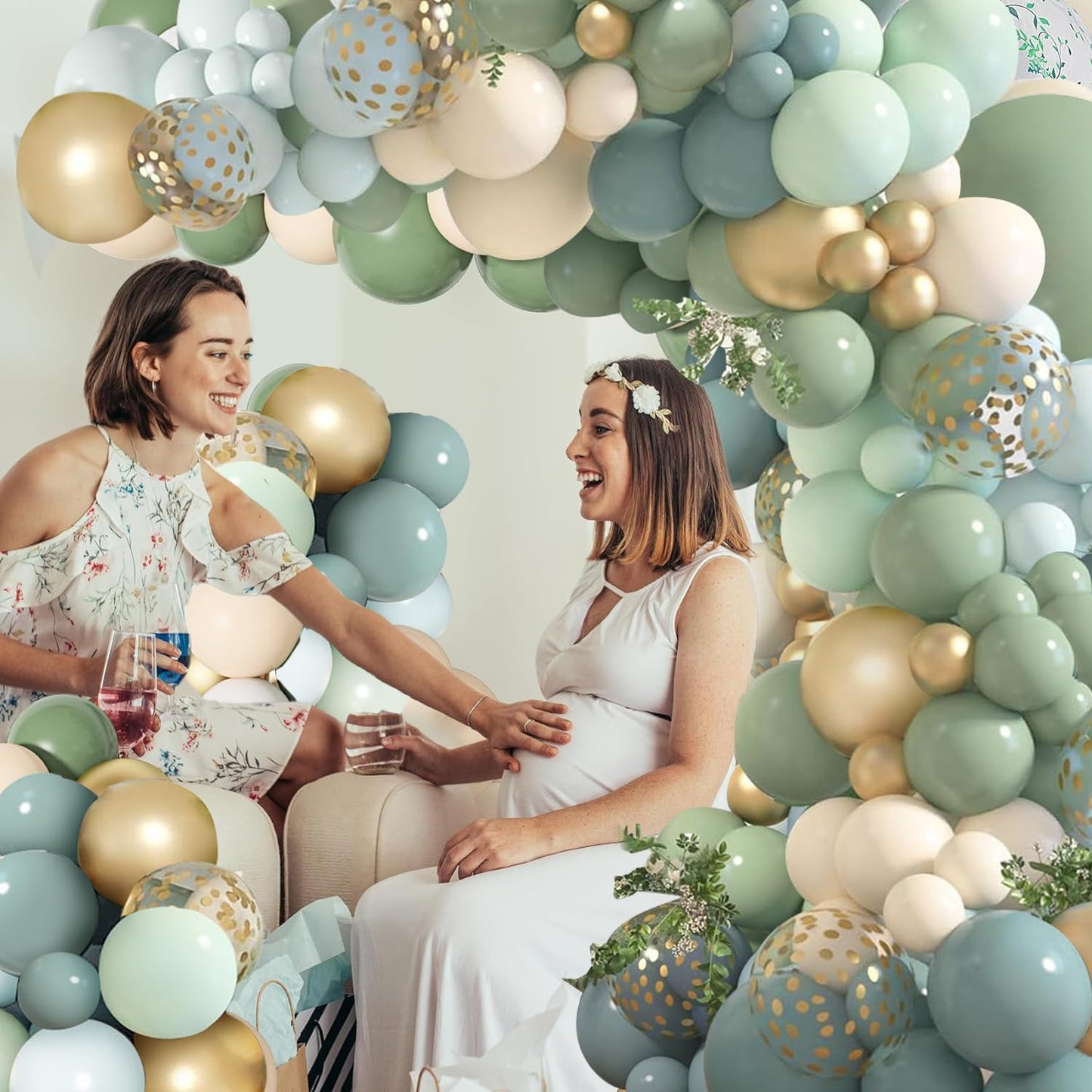 Dusty Blue Sage Green Balloon Arch Kit, Pastel Blue Green Sand White Gold Confetti Balloons Garland Kit for Wedding Bridal Boho Birthday Party Backdrop Decorations