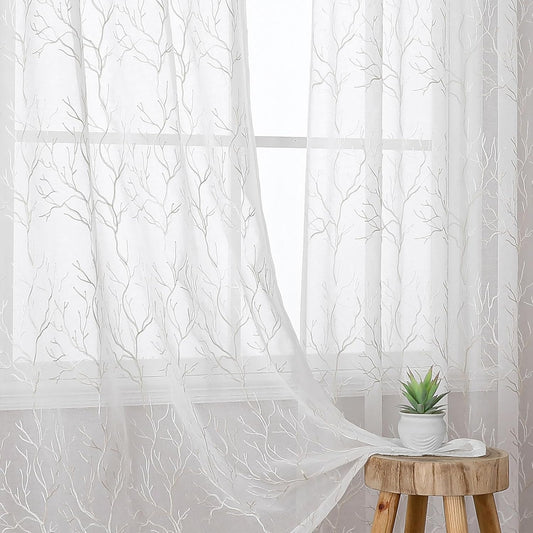 VISIONTEX Sheer Curtains 84 inch Length 2 Panels Set, Decorative Beige Coral Embroidery, Rod Pocket Embroidered Window Drapes for Living Room and Bedroom, 54" x 84"