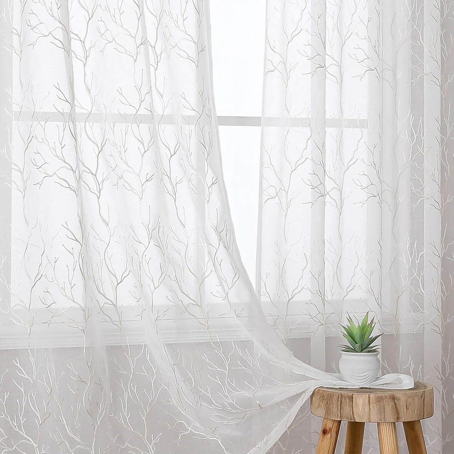 VISIONTEX Sheer Curtains 63 inch Length 2 Panels Set, Decorative Beige Coral Embroidery, Rod Pocket Embroidered Window Drapes for Living Room and Bedroom, 54" x 63"