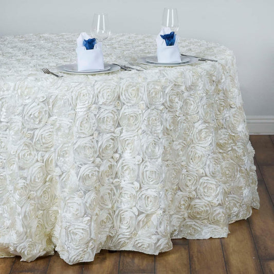 Efavormart 132" Wholesale Round Table Cover Ivory Grandiose Rosette 3D Satin Tablecloth for Wedding Party Event Decoration