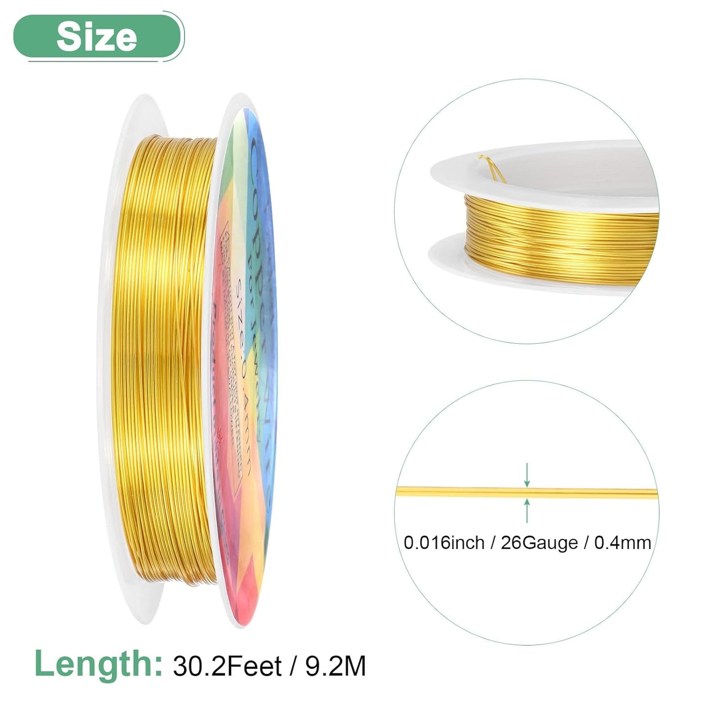 0.4 mm/26 Gauge Copper Wire for Jewelry Making, 30.2FT Copper Beading Craft Wire for Jewelry/Weaving/DIY Crafting/Planting, Color-Retaining [9.2M, Gold Tone]