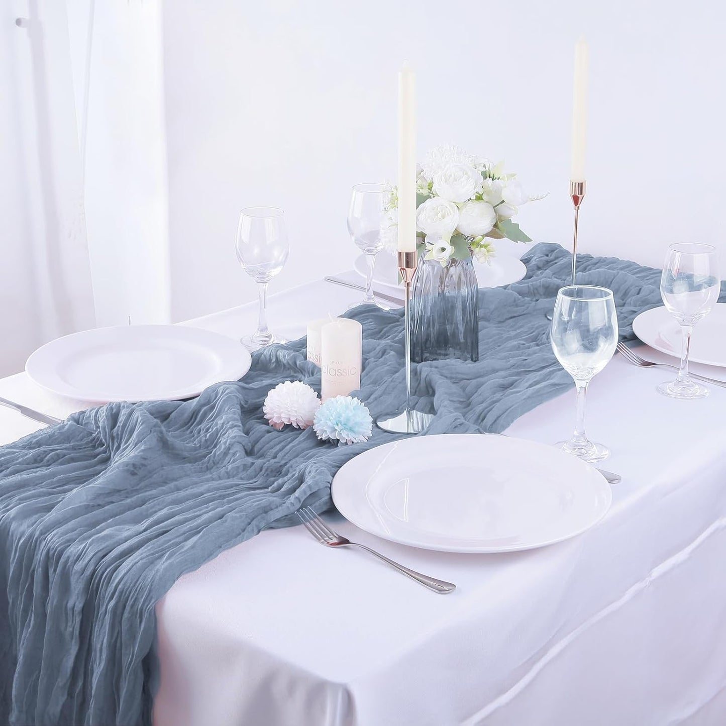 16PCS Dusty Blue Cheesecloth Table Runner 10FT Table Runner Cheesecloth 35x120Inch Boho Gauze Cheese Cloth Table Runner Long Rustic Sheer Table Runners for Wedding Party Baby Bridal Shower Table Decor
