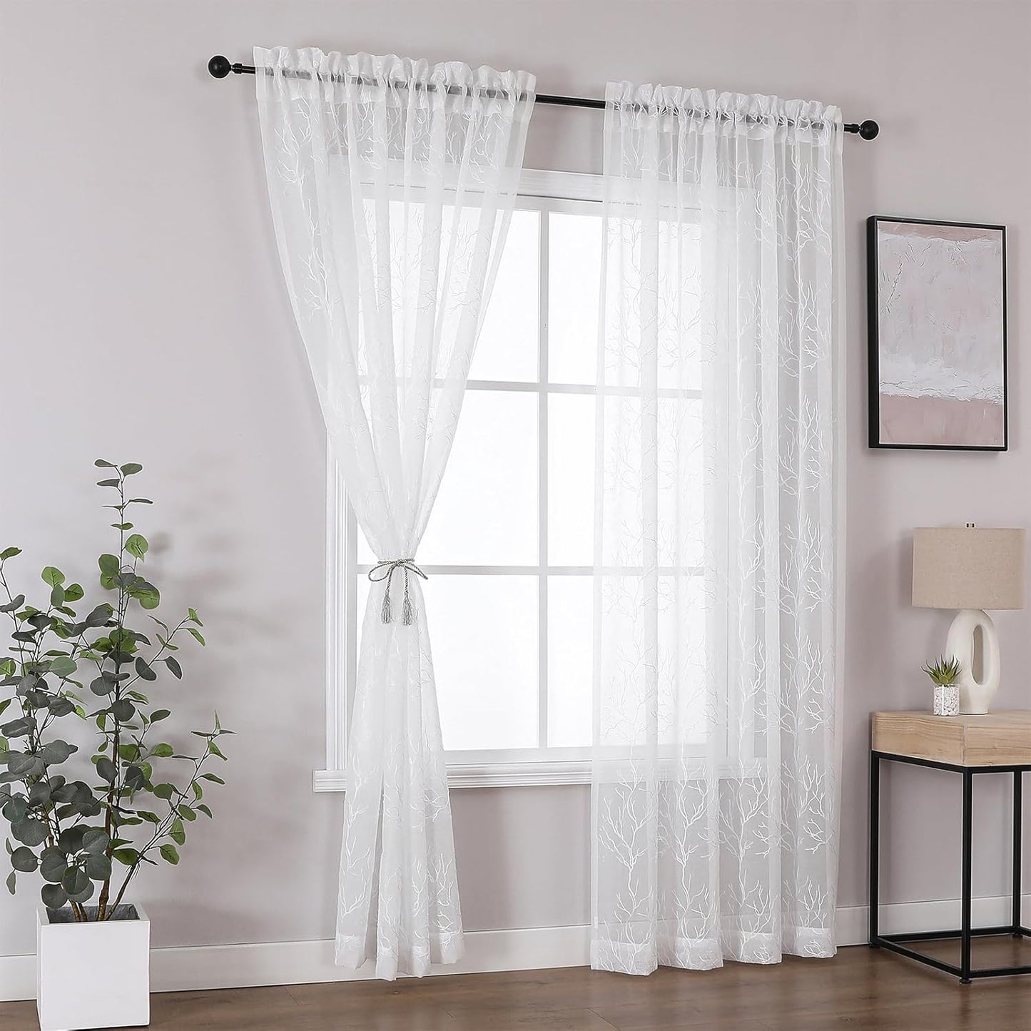VISIONTEX Sheer Curtains 63 inch Length 2 Panels Set, Decorative White Coral Embroidery, Rod Pocket Embroidered Window Drapes for Living Room and Bedroom, 54" x 63"