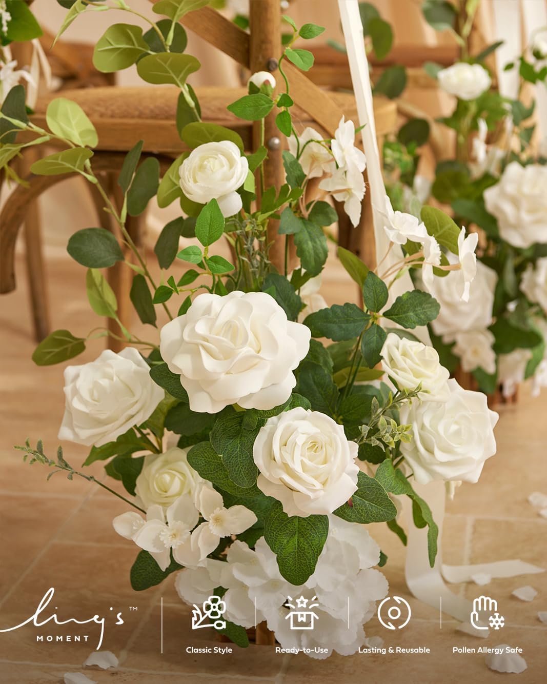 Ling's moment 17.5" Tall Standing Artificial Flowers Arrangements 4 pcs Wedding Aisle Runner Chair Decorations White Sage Centerpieces for Ceremony Reception Rose Floral Party Outdoor Decor