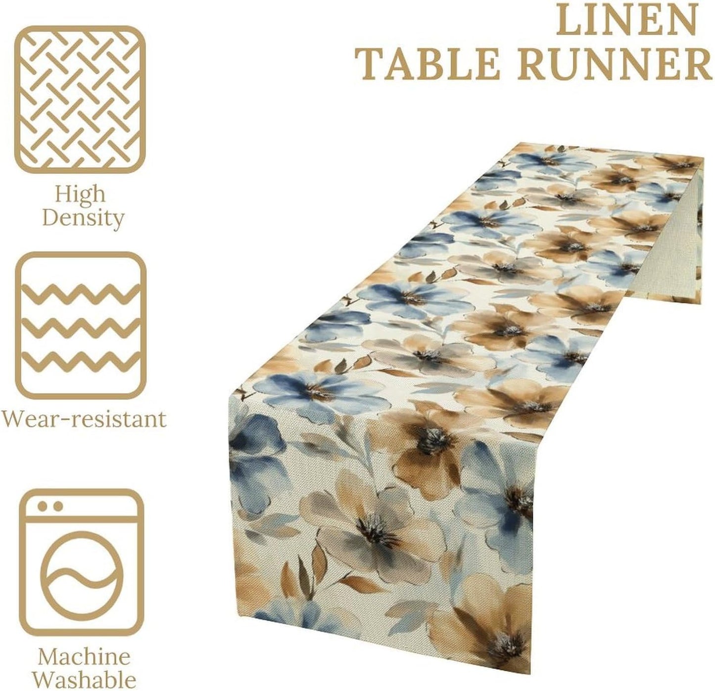Poppy Floral Table Runner, Watercolor Brown Blue Flowers Blossom Summer Nature Table Runner for Kitchen Dinning Table Runner Decor Home Wedding Party Holiday, 13x60 Inch
