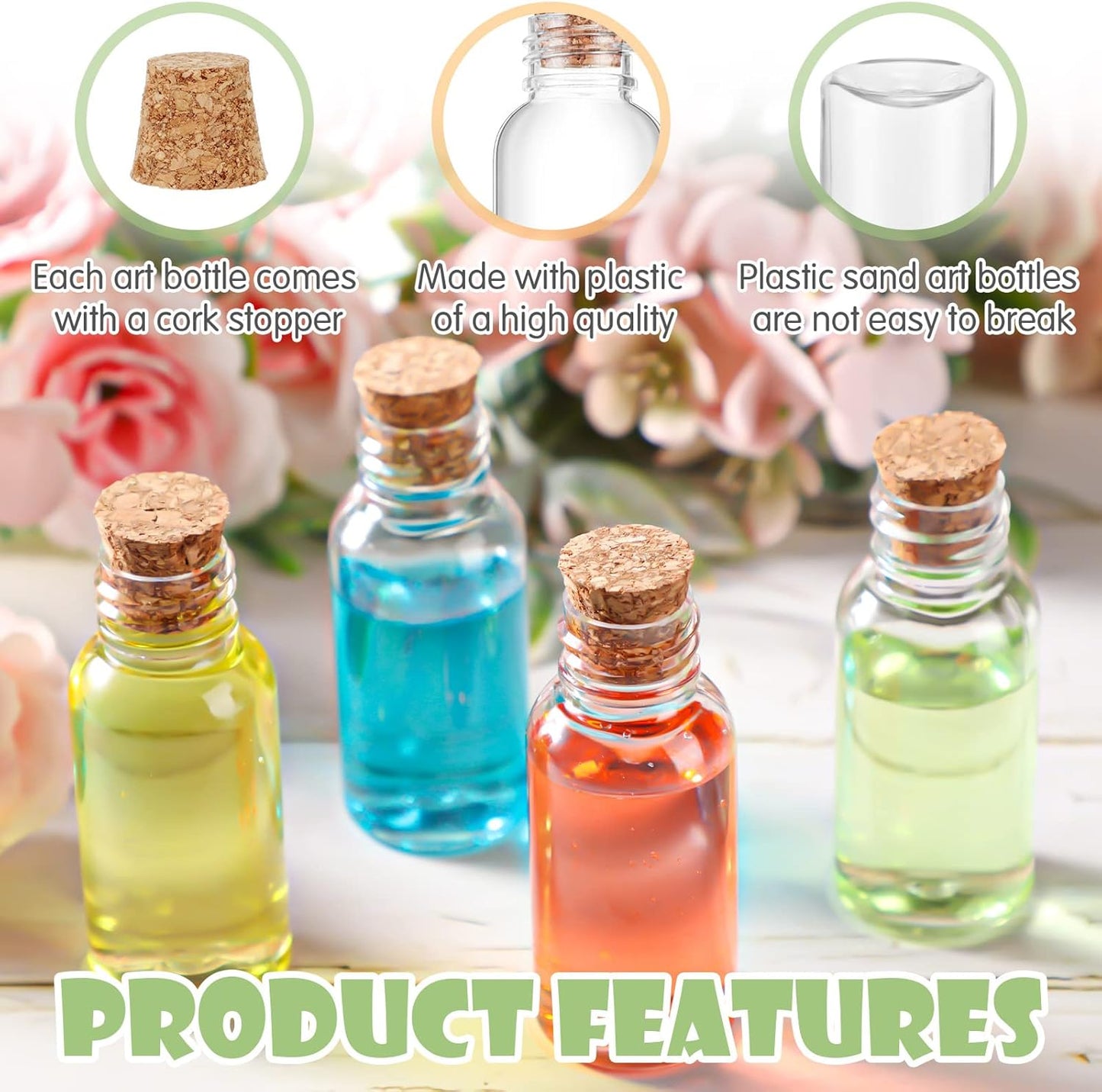 Sabary 100 Pack 1oz Plastic Potion Bottles with Cork Stoppers Mini Sand Art Bottles Tiny Cork Vial Small Jar with Funnel for Art DIY Craft, Essential Oil, Message, Wedding Party Favor