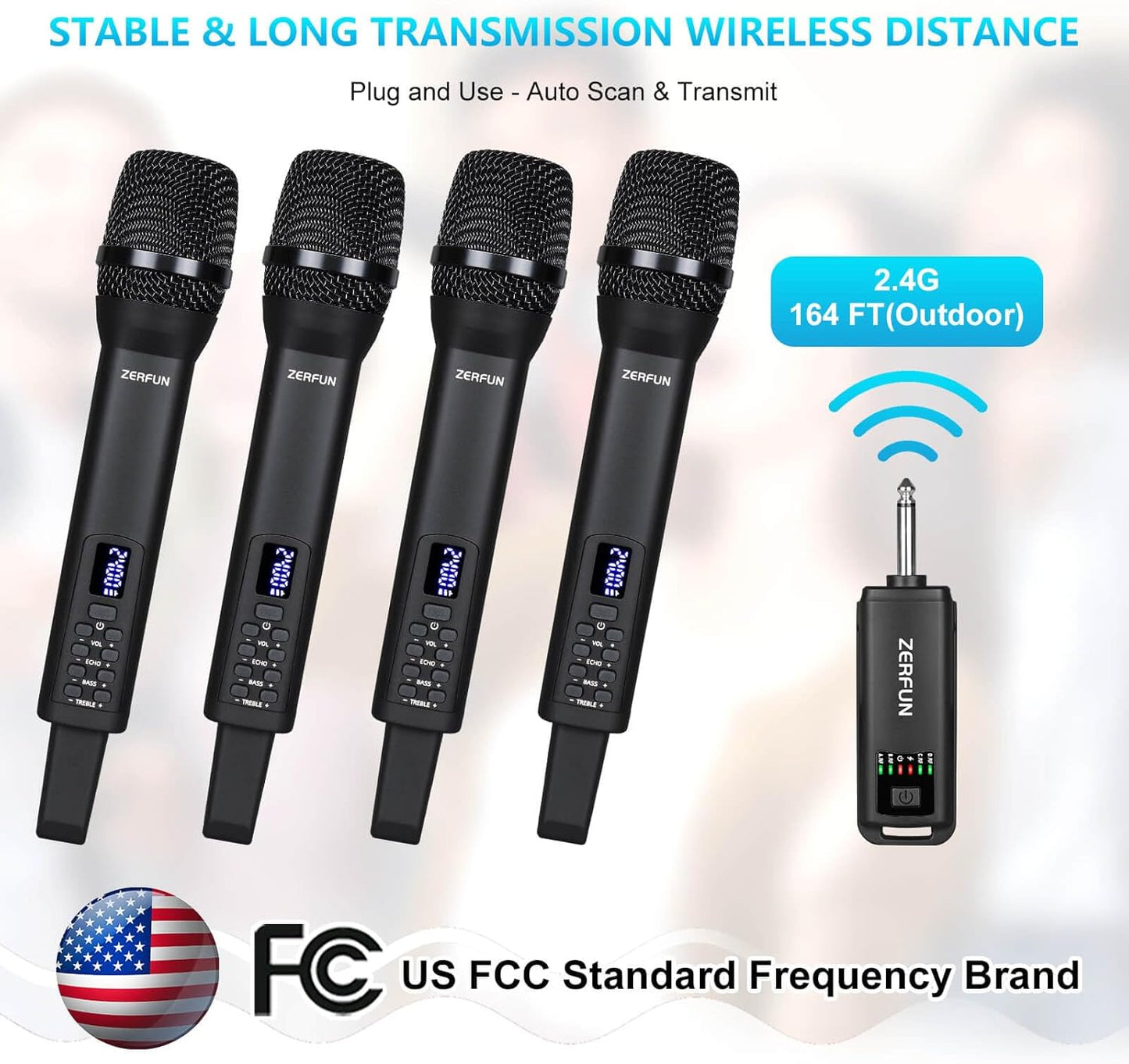 4 Rechargeable Wireless Microphones, Pro Handheld Cordless Mics System with Echo Treble BASS VOL Control for Karaoke Singing Church Party, 1/4'' Output, Black