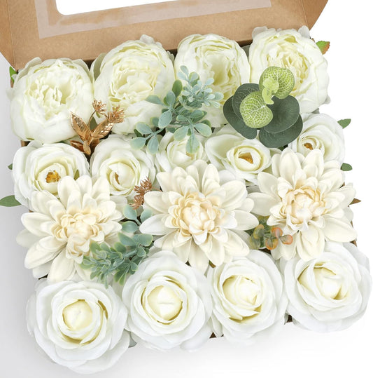 AmyHomie Ivory Artificial Flowers Combo Silk Mix Peony Rose Hydrangea Fake Flowers w/Stem for DIY Wedding Bouquets Centerpieces Arrangements Table Fall Decor Party Bridal Baby Shower Home Decorations