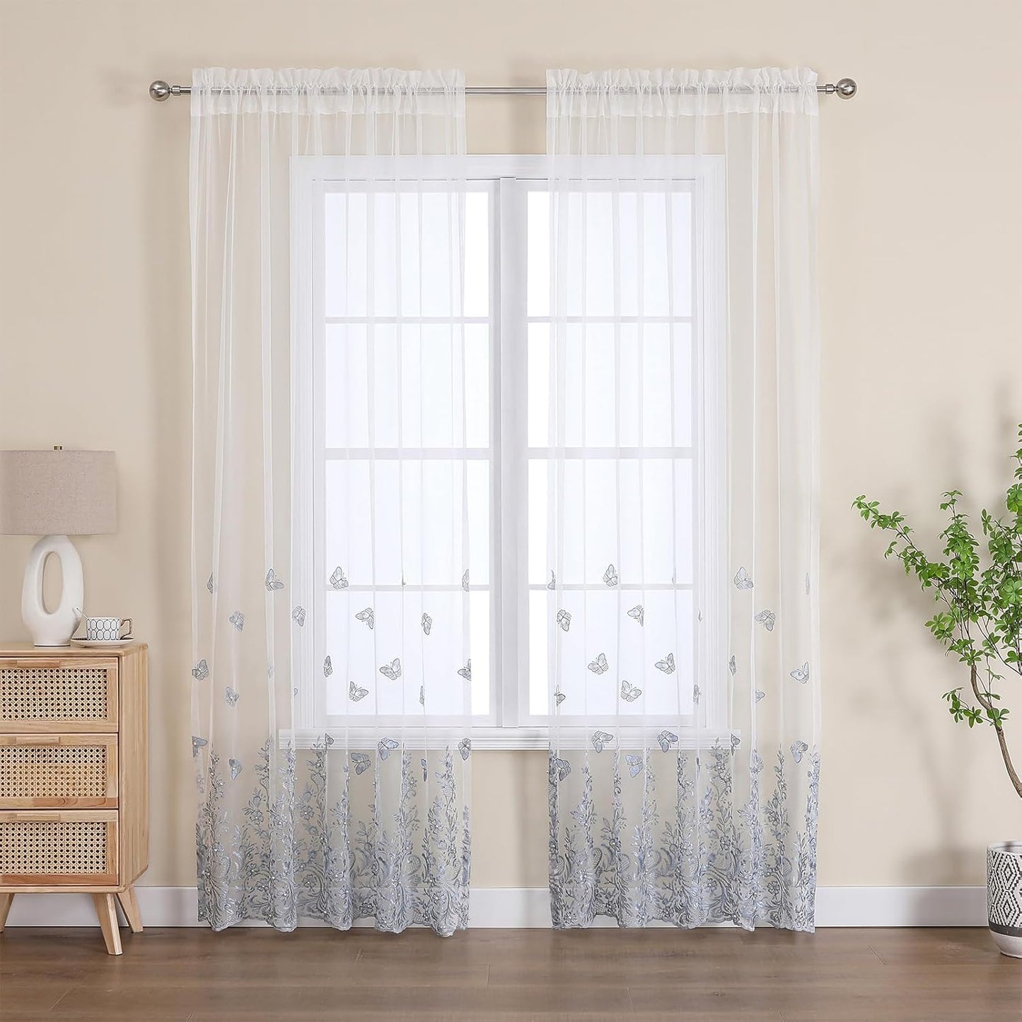VISIONTEX White Sheer Voile Curtains, Decorative Blue Embossed Butterflies Rod Pocket Window Drapes for Home Kitchen, Living Room and Bedroom 54 x 72 Inch, Set of 2 Curtain Panels