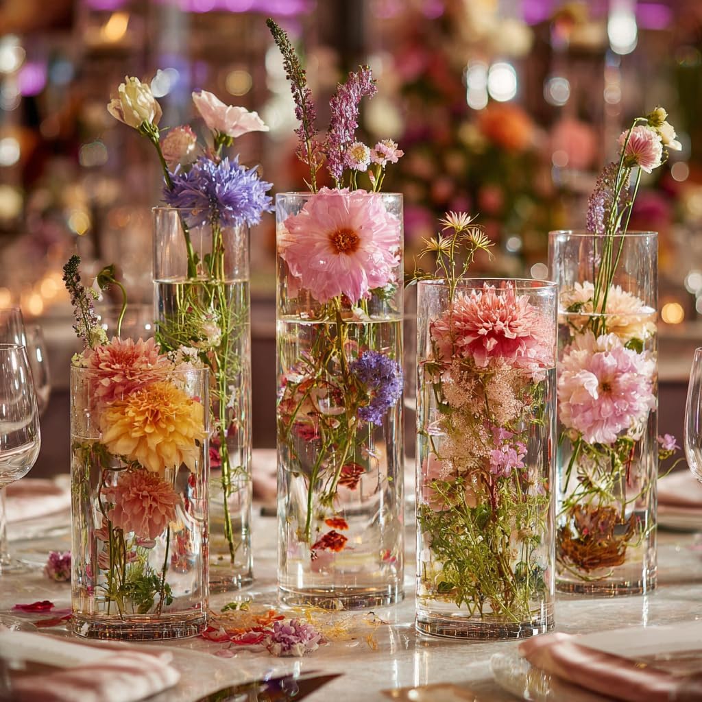 Clear Glass Vase for Centerpieces, 4,6,7.5,8,10 inch Tall Set of 5 Cylinder Flower Vase Bulk Floating Candle Holder for Wedding Table Home Décor and Party