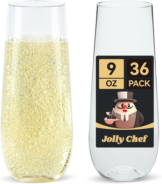 JOLLY CHEF 36 Pack Stemless Plastic Champagne Flutes 9 oz, Crystal Clear Stemless Plastic Toasting Glasses, Clear Disposable Unbreakable Drinkware Ideal for Wedding, Birthday, Party