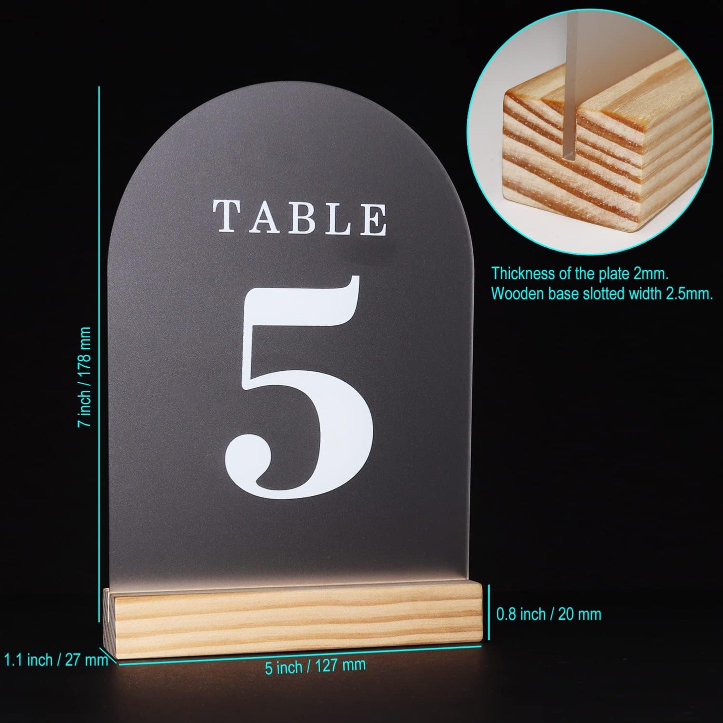 Wedding Table Numbers 1-10, Acrylic Arch Signs with Natural Wood Stands Holders, Rustic Table Decor for Reception & Parties (Frosted White)