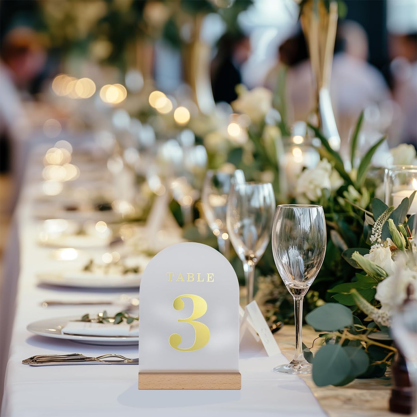 Wedding Table Numbers 1-20, Acrylic Arch Signs with Natural Wood Stands Holders, Rustic Table Decor for Reception & Parties (Frosted Gold)