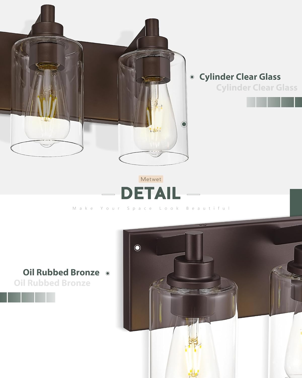 4-Light Bathroom Light Fixtures, 24.5 Inch Oil Rubbed Bronze Vanity Lights with Cylinder Clear Glass Shade, Modern Vanity Lighting Fixtures Over Mirror, VL143-ORB-4
