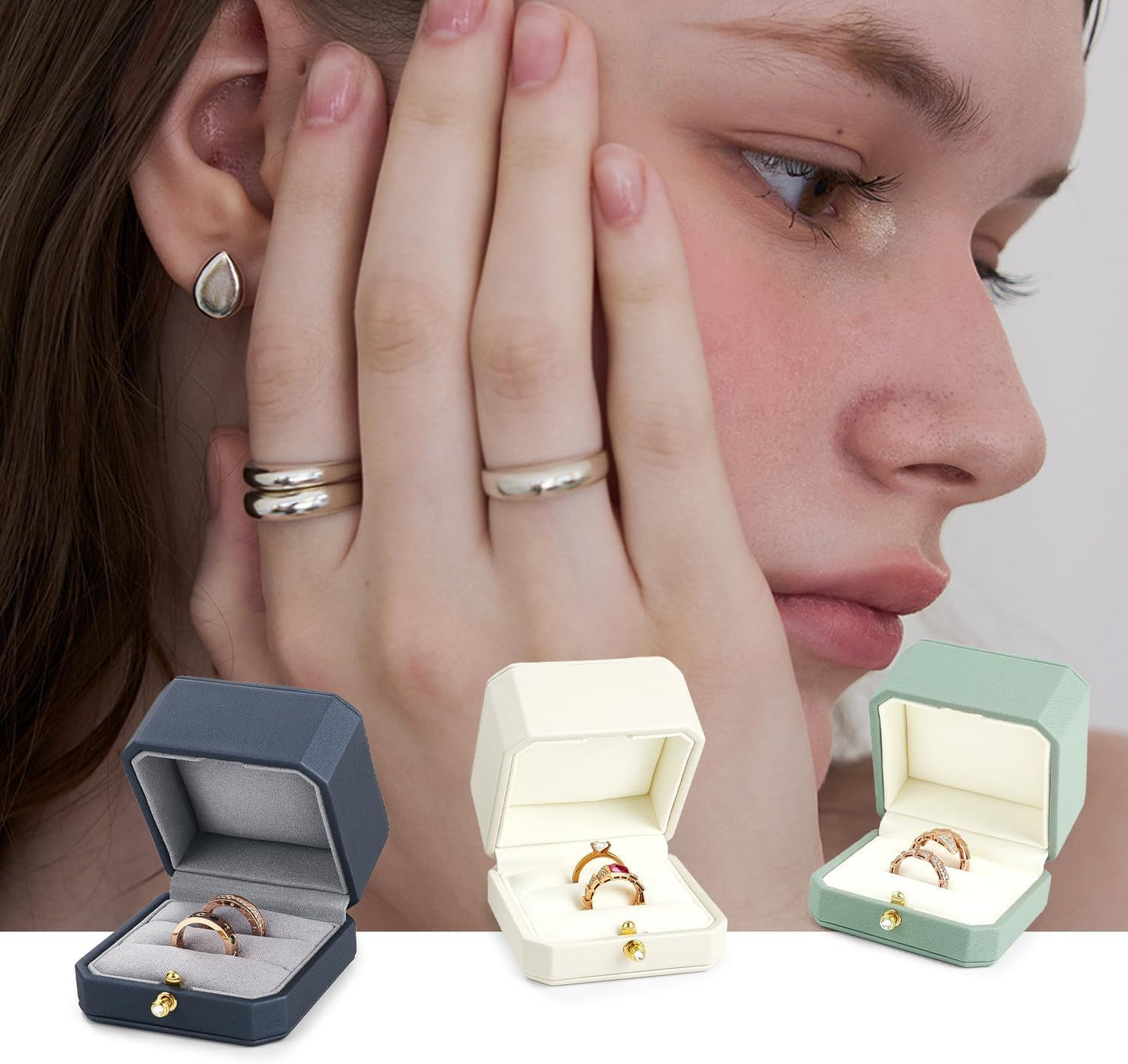 Oirlv Luxury Leather Ring Box for Jewelry Gift Octagon Women Ring Holder for Wedding Day, Proposal, Engagement, Anniversary(Blue,Single)