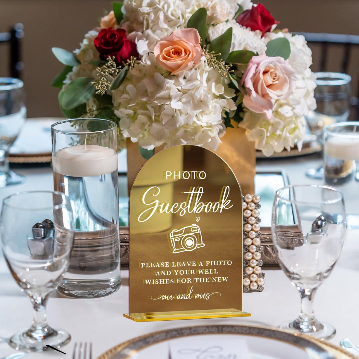 Acrylic Wedding Sign, Bridal Shower Decorations, Photo Guestbook Sign for Ceremony, Modern Font Table Signs, Gold Mirror Arched Acrylic Tabletop Signs for Wedding Reception and Event Party