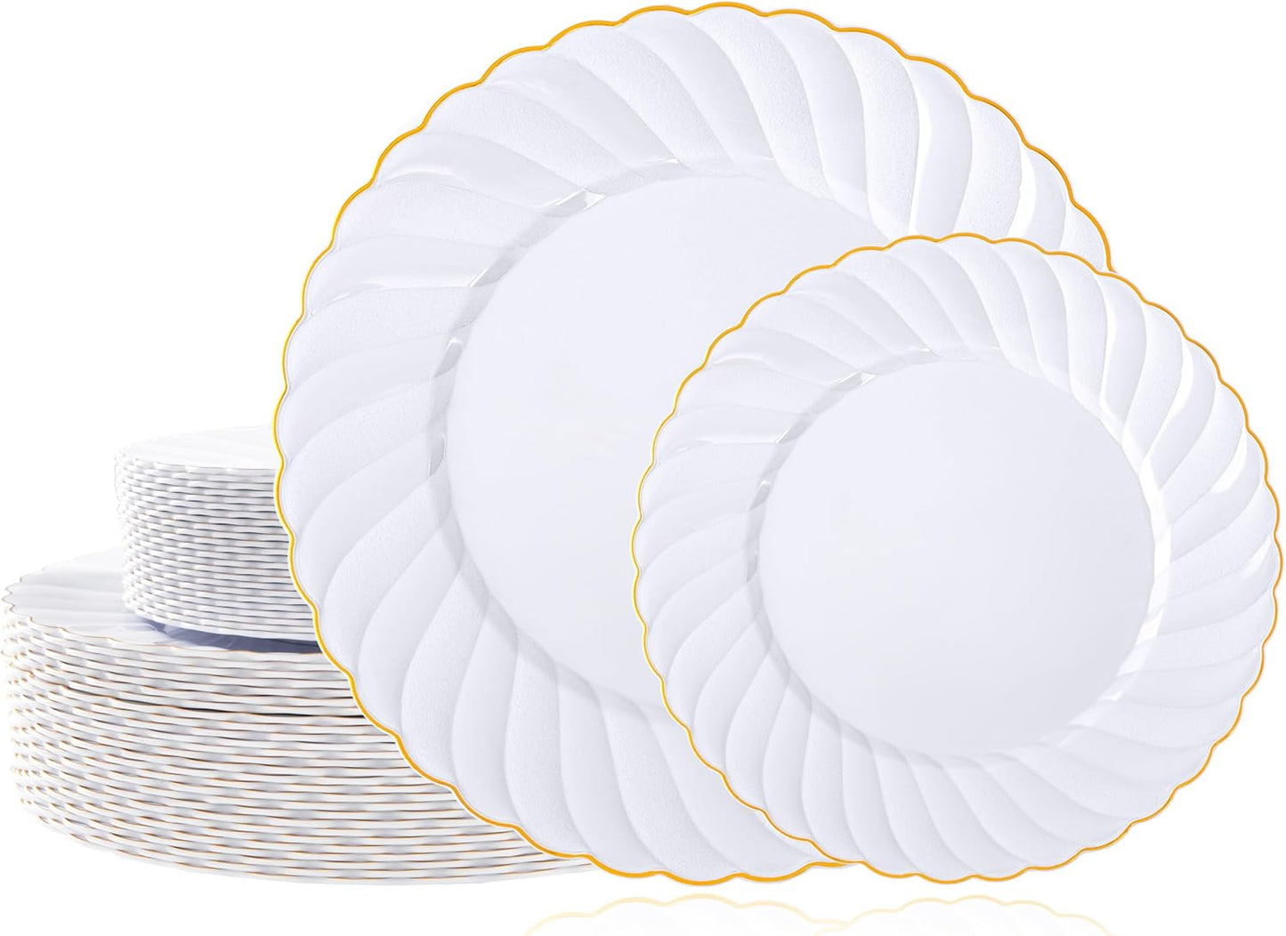U-QE 60 Pcs White Plastic Plates with Gold Trim – Scalloped Plastic Plates Heavy Duty - Include 30 10.25" Dinner & 30 7.25" Dessert Plate – Perfect for Weddings, Bridal Showers and Party