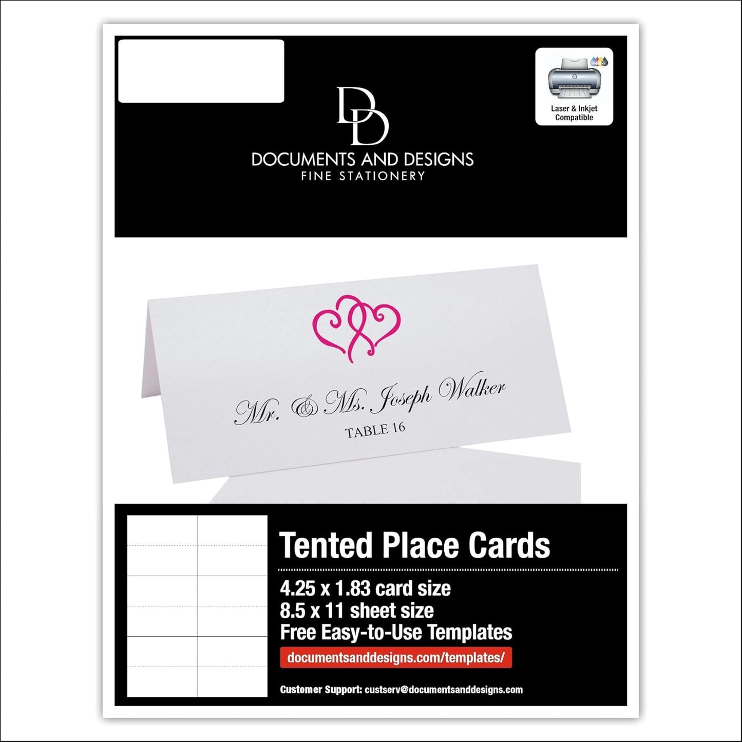 Linked Hearts Printable Place Cards, Fuschia (Choose Color), Set of 60 (10 Sheets), Laser & Inkjet Printers - Wedding, Party, Dinner, and Special Events - Made in the USA