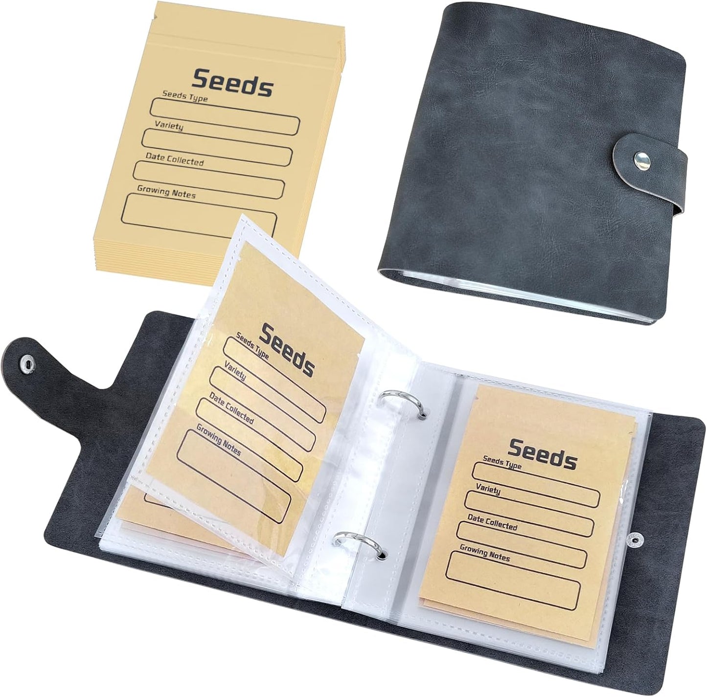 Seed Organizer Binder with 50 PCS Resealable Seed Envelopes - 50 Storage Pockets, 3.5x5 Inch Clear Sleeves, Seed Saver for Garden Lover - Gray