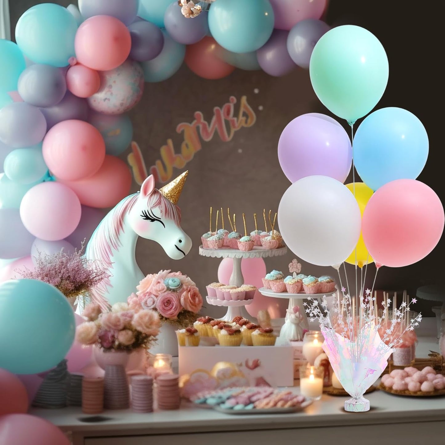 2 Set Pastel Rainbow Balloon Table Centerpieces for Birthday Parties, Balloon Stand Kit with Rainbow Balloons for Table Decoration