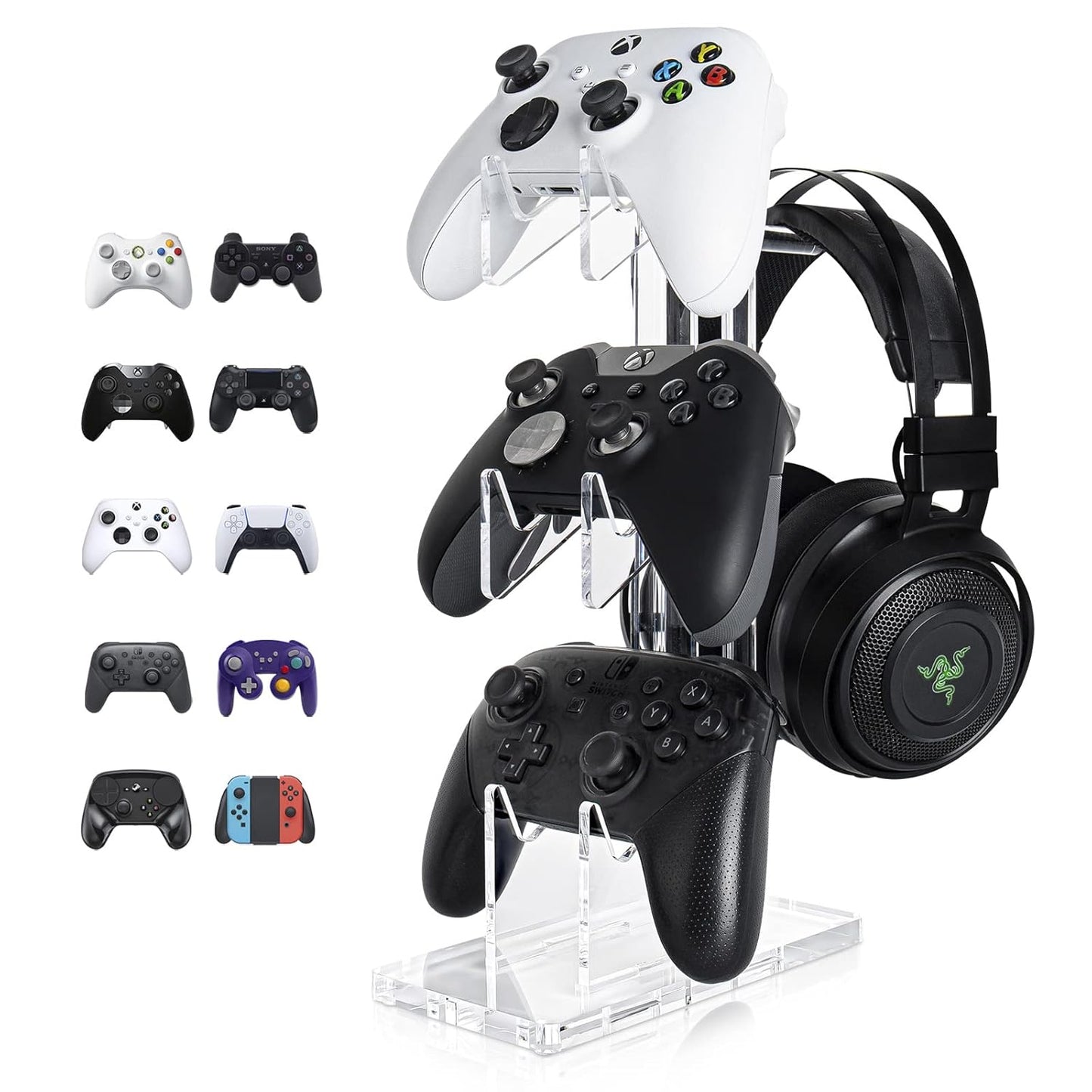 OAPRIRE Universal 3 Tier Controller Stand and Headset Stand for XBOX ONE X SWITCH PS4 PS5 PC, Controller Holder Gaming Accessories, Build Your Game Fortresses (Clear)