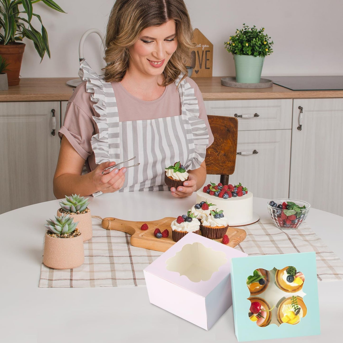 20 PCS 6.5 x 6.5 x 4 inch Paper, Cupcake Boxes with Inserts and Window Hold 4 Cupcakes, Bakery Boxes For Cupcakes Carrier, Cupcake Containers (Red-4 Holes)
