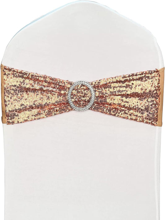 25 Pcs Chair Sashes Sequin Stretch Chair Bands Spandex Polyester Bows for Party Hotel Wedding Banquets Decoration - Rose Gold