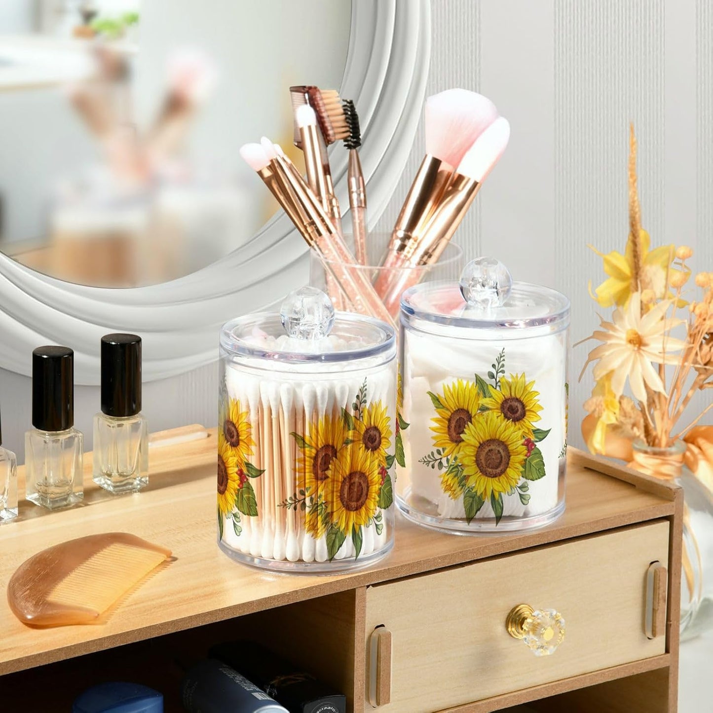 Gredecor Qtip Holder Dispenser 2 Pack Yellow Watercolor Sunflowers Bathroom Decorative Storage Canister Holder Counter Vanity Organizer for Cotton Ball Swabs Pads Floss