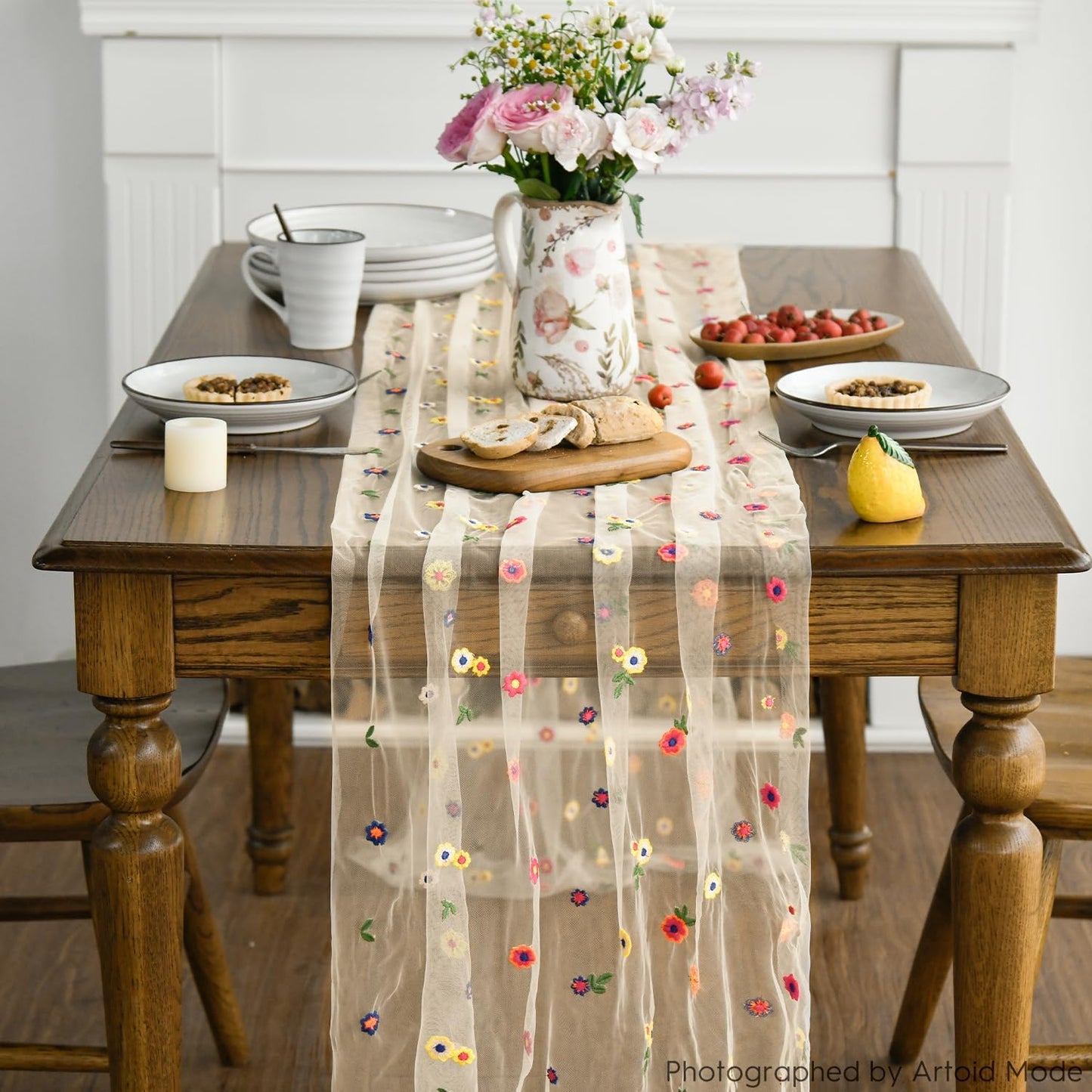 Artoid Mode 3PCS Champagne Embroidery Daisy Gauze Table Runner 120 Inch 10FT, Seasonal Sheer Kitchen Dining Holiday Wedding Birthday Table Decor for Home Party