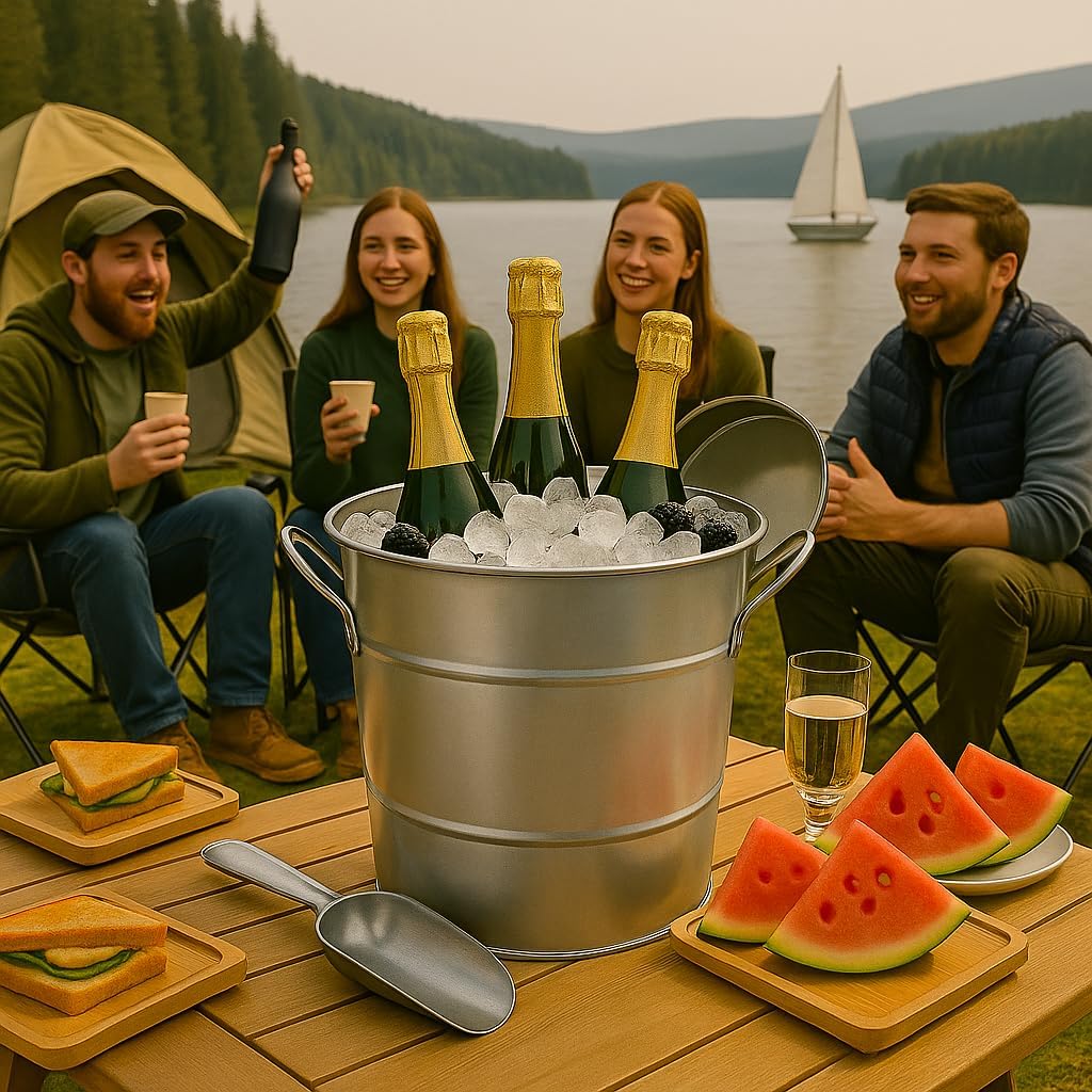 Insulated Ice Bucket with Lid Scoop Handle for Parties Cocktail Bar, 4L Round Mental Champagne Drink Wine Bucket for Drinks Metallic