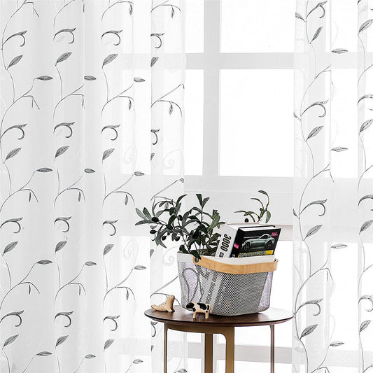 VISIONTEX White Sheer Voile Curtains Loop Embroidered, Decorative Grey Leaves Embroidery Faux Linen, Rod Pocket Window Drapes for Rustic Farmhouse Bedroom 54 x 84 Inch, Set of 2 Panels
