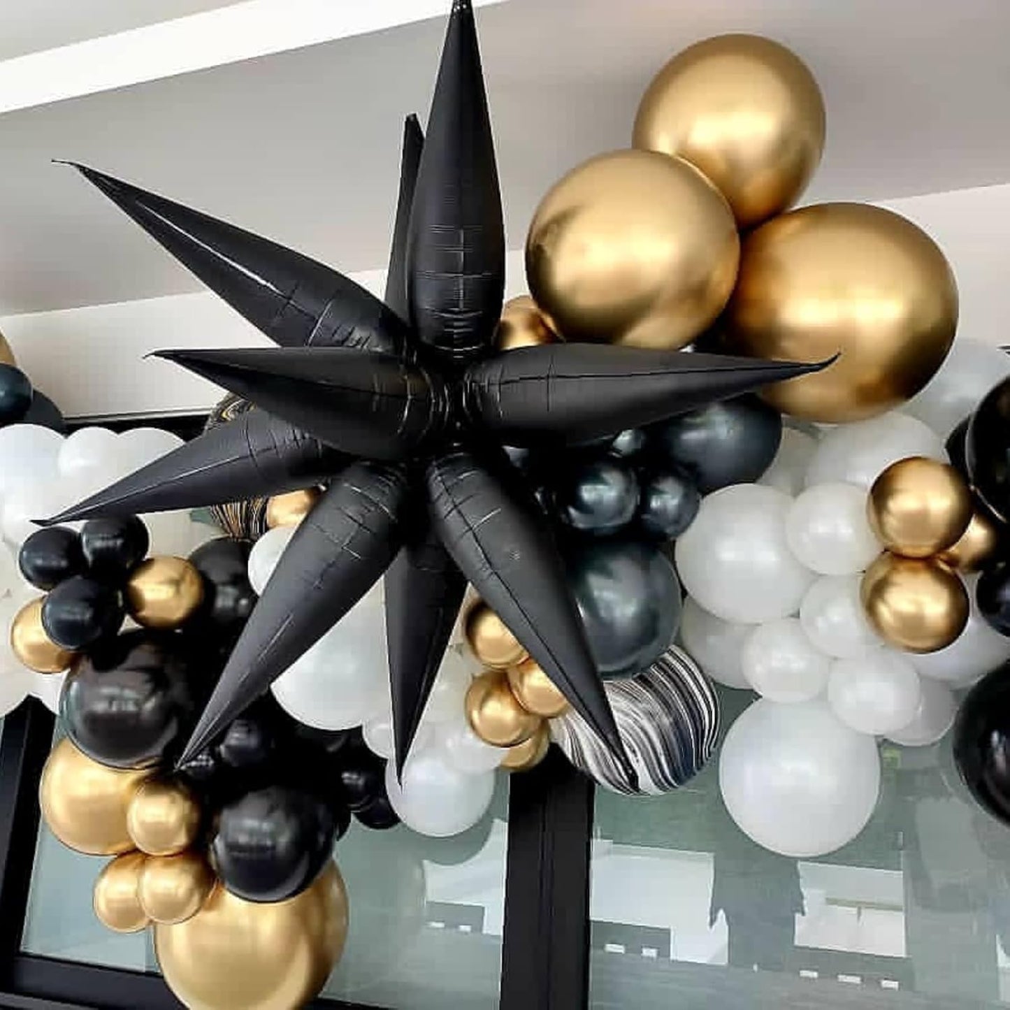 Black Red Star Balloons 12pcs, 27/22 Inch Foil Star Explosion Balloons, Large Spike Mylar Cone Balloon, Fireworks Shape Balloon Decor for New Year Casino Night Racing Car Theme Prom