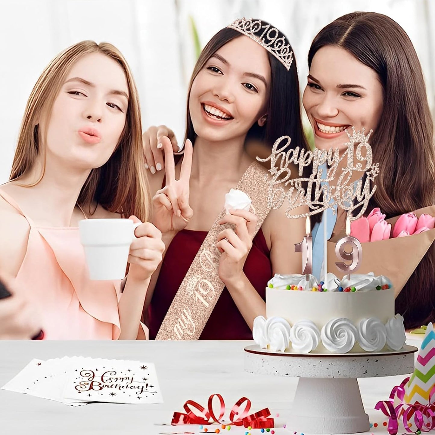 19th Birthday Decorations Including Birthday Sash, Tiara/Crown, Numeral Candles and Cake Topper, 19 Year Old Girl Gifts, Rose Gold Party Decor Supplies
