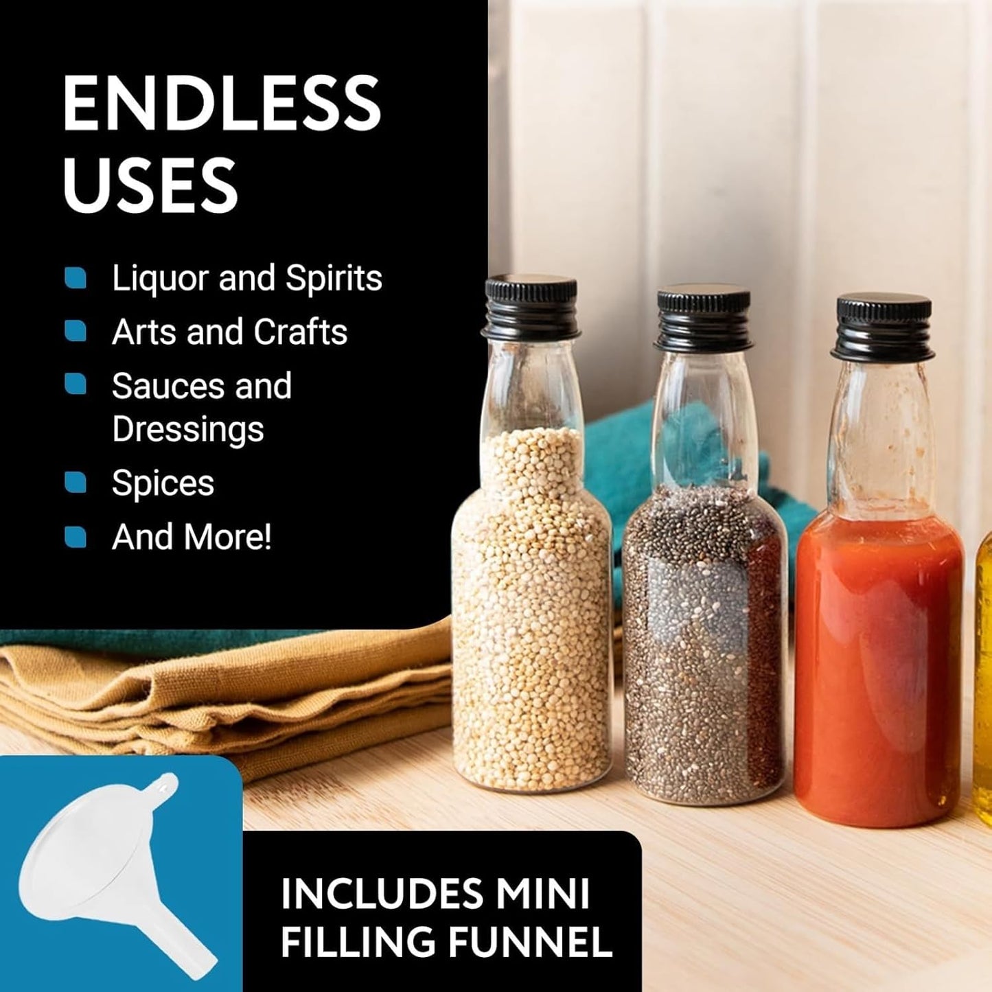 IMPRESA Mini Plastic Bottles - 75ml (2.5oz), Clear, 50-Pack - Liquor Containers with Airtight Caps, Reusable & Dishwasher Safe