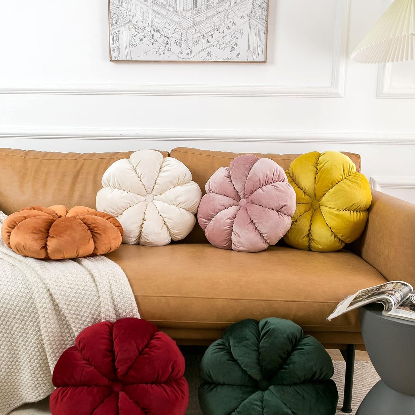 Flower Pillow Cushion Round Decorative Throw Pillow for Couch Bedroom Flower-Shaped Floor Cushion for Girls Kids (Pink, 15.7”)