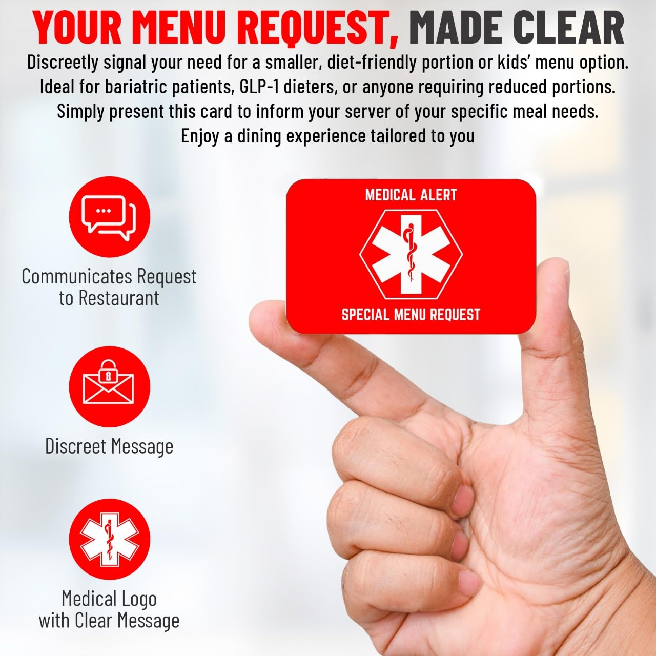 Bariatric Card for Restaurants, Special Menu Request Card, Portion Control Restaurant Request for Bariatric or Gastric Sleeve Patients, Wallet Sized, Set of 2 (5, Red, 3.375in x 2.125in)