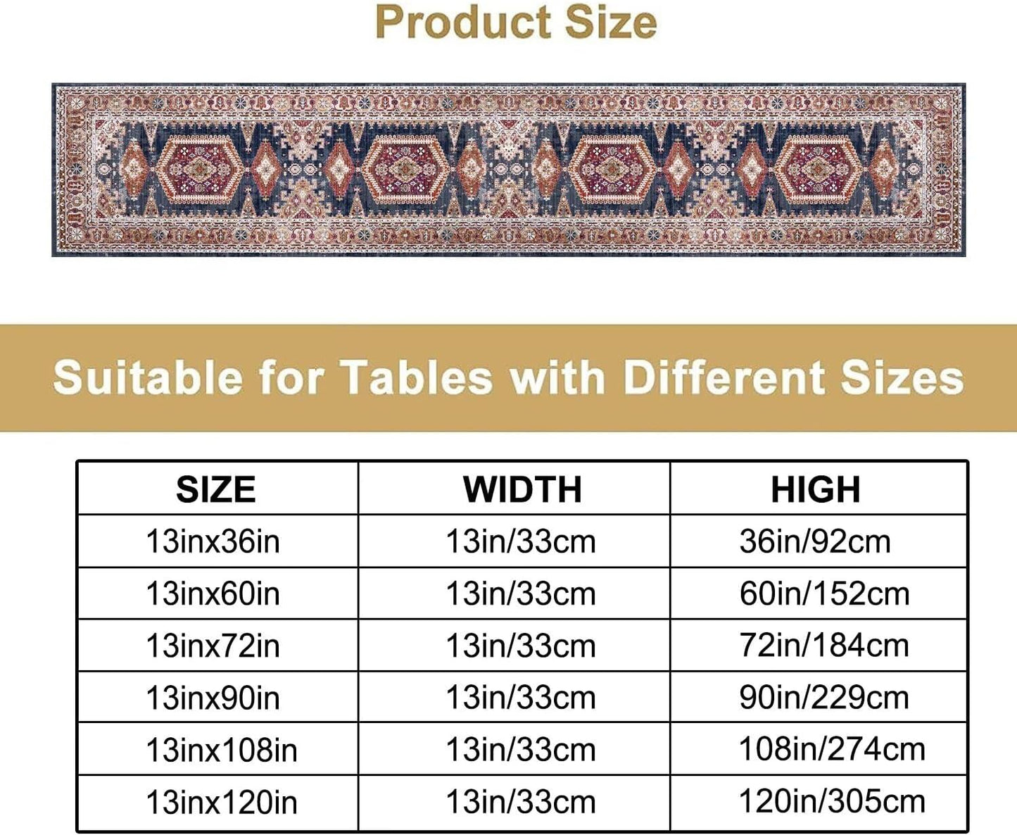 Vintage Boho Table Runner,Flower Geometric Design Rustic Farmhouse Table Runner for Home Farmhouse Kitchen Table Dining Coffee Room Garden Party Wedding Decor 13x108in