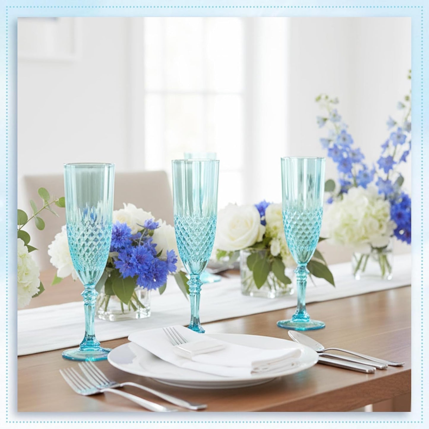 Plastic Champagne Flutes, 24PCS Light Cyan Wine Glasses Goblets Cups Reusable Flute, for Weddings Bachelor Parties Toasting and Events(24, Light Cyan)