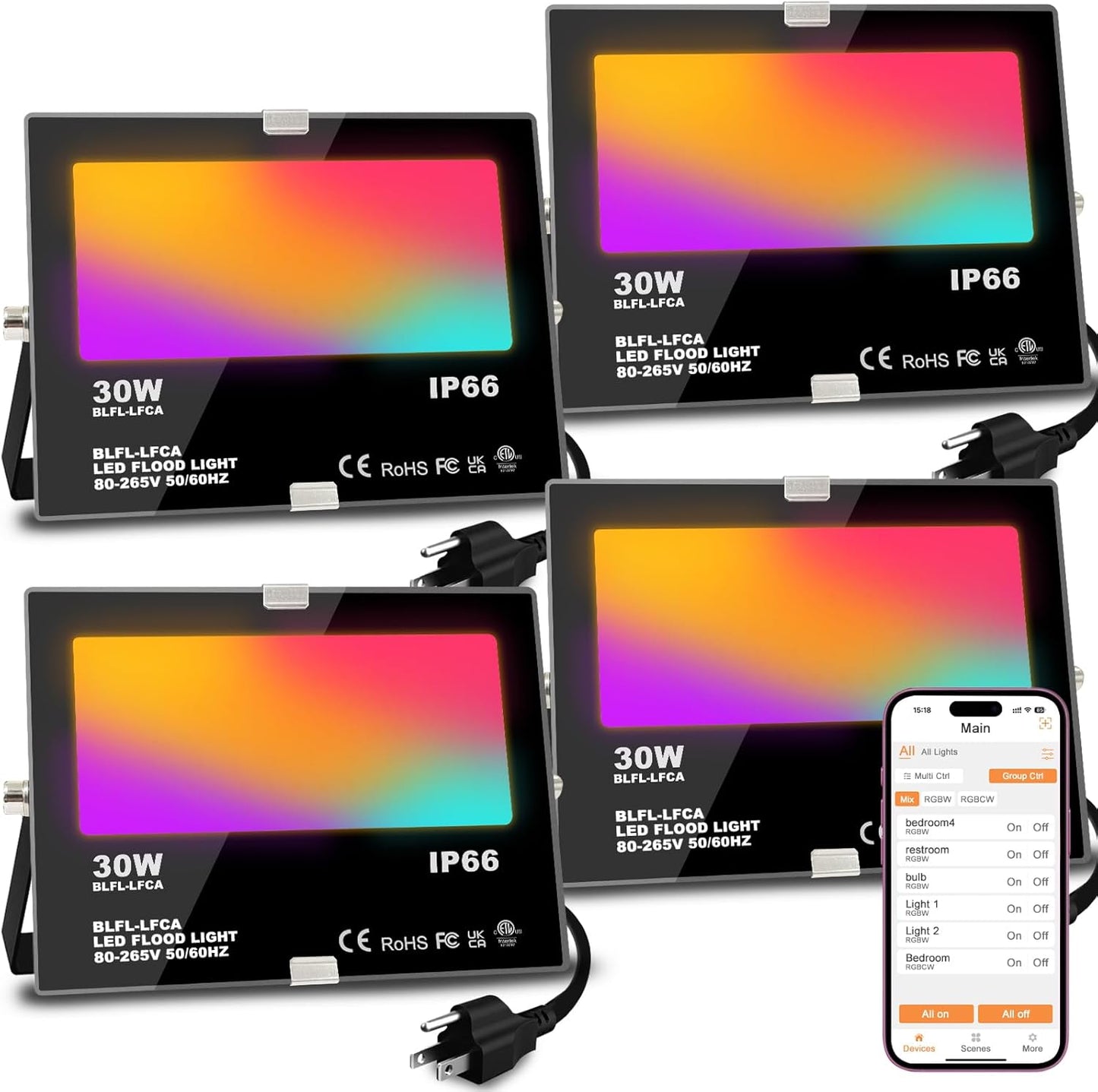 LED Flood Light Outdoor 30W, 300W Equivalent 3000LM Smart RGB Landscape Lighting with APP Control, DIY Scenes -Timing - Warm White 2700K -Color Changing Uplight, IP66, US Plug, No Remote MELPO(4 Pack)