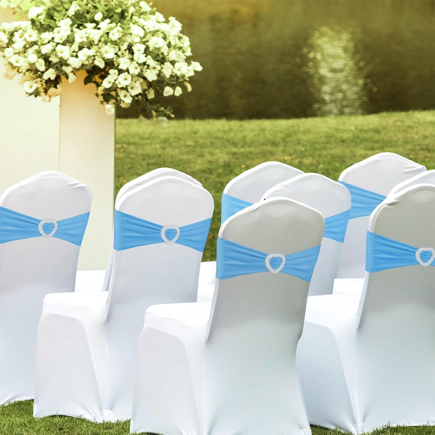 100 Pack Spandex Stretch Blue Chair Sashes Bows Universal Elastic Light Blue Chair Cover Bands Ties with Buckle Slider for Wedding Party Banquet Ceremony Reception Event Decorations