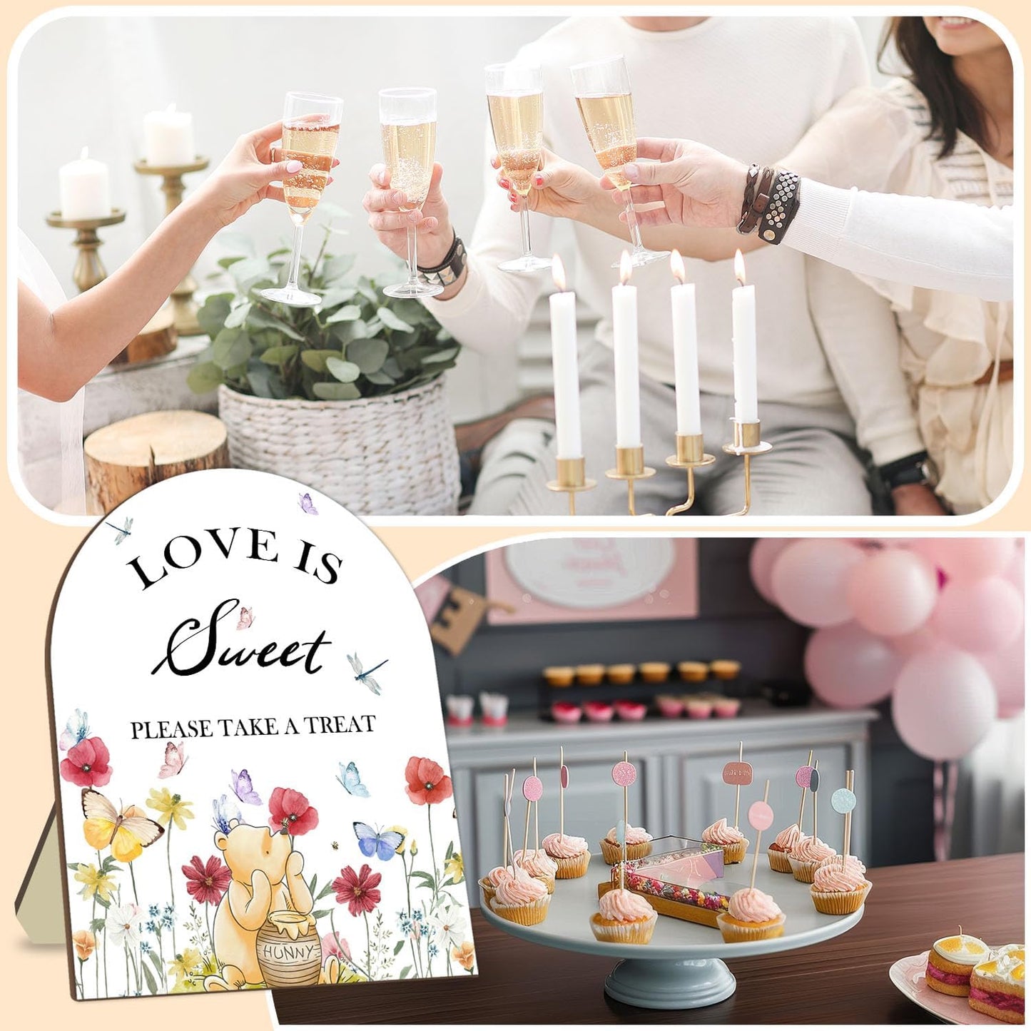 Winnie Decor Love is Sweet Sign, Floral Butterfly Decor Bridal Shower Welcome Sign, Classic Pooh Wedding Sign Bridal Shower Favors for Guests, Love is Sweet Please Take A Treat Sign 9 * 11IN