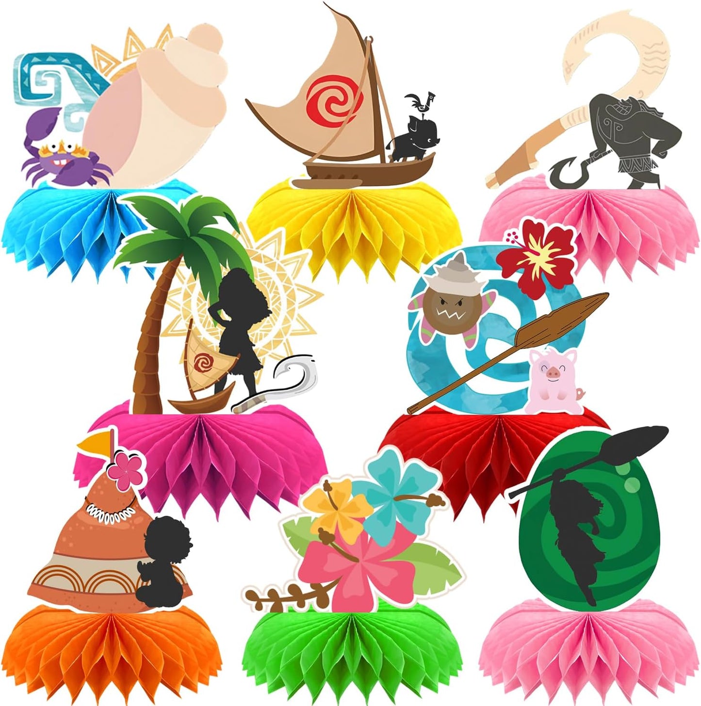 8Pcs Tropical Hawaiian Birthday Party Supplies, Tropical Luau Summer Honeycomb Centerpieces Cartoon Movie Theme 3D Table Decorations