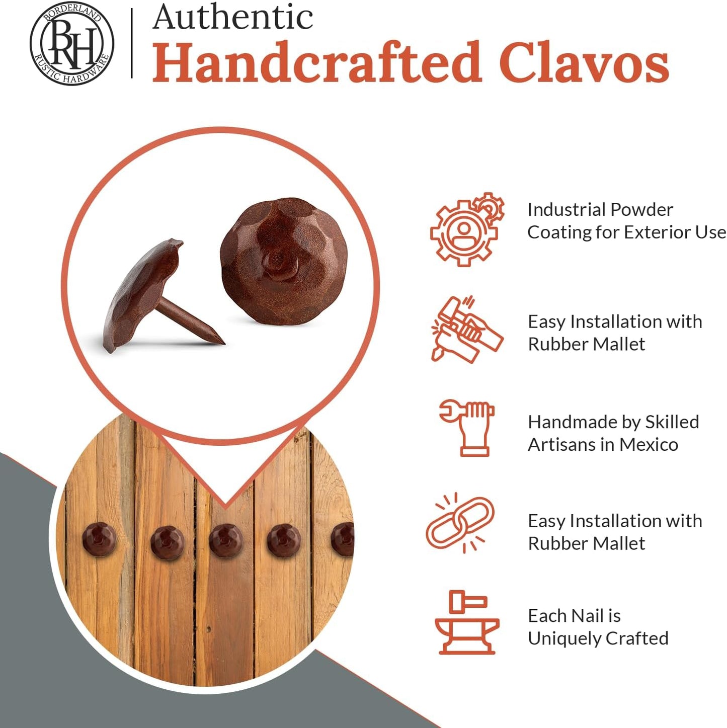 50 Pack 1" Small Round Head Iron Clavos Decorative Nails – Sealed Rusted – Handmade Rustic Round Fasteners for Farmhouse Shutter, Faux Wood, Barn Door, Shutters, and Gates – Ornamental Wood Accent