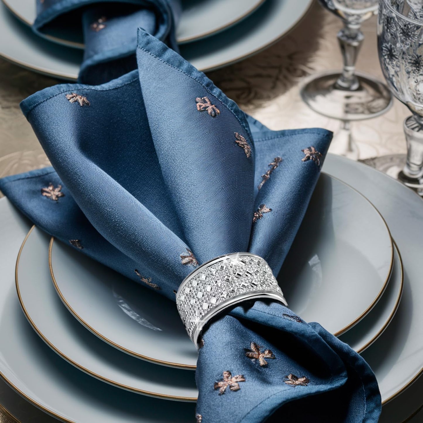 Silver Diamond Napkin Ring Set of 12 Rhinestone Crystal Glass Framed Napkin Holder for Table Decor,Thanksgiving,Christmas,Anniversary, Birthday, Holiday, Party Serviette Buckles Home Decoration