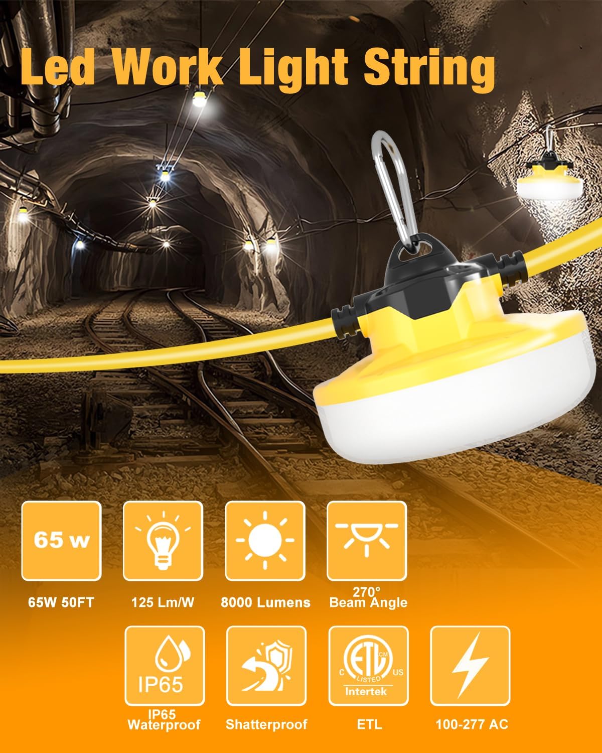 LED Construction String Light 50FT, 65W 8000Lm Industrial LED String Work Lights with 5 Bulbs, 5000K Linkable Work Lights Temporary Lighting for Construction Site, Job Site, Attic, Crawl Space