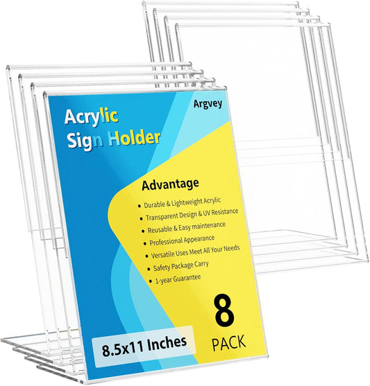 8 Pack Acrylic Sign Holder, Clear 8.5 x 11 Inch Slant Back Vertical Sign Holder, Tabletop Plastic Paper Picture Frame Flyer Document Display Stand for Home, Office, Restaurants, and Stores