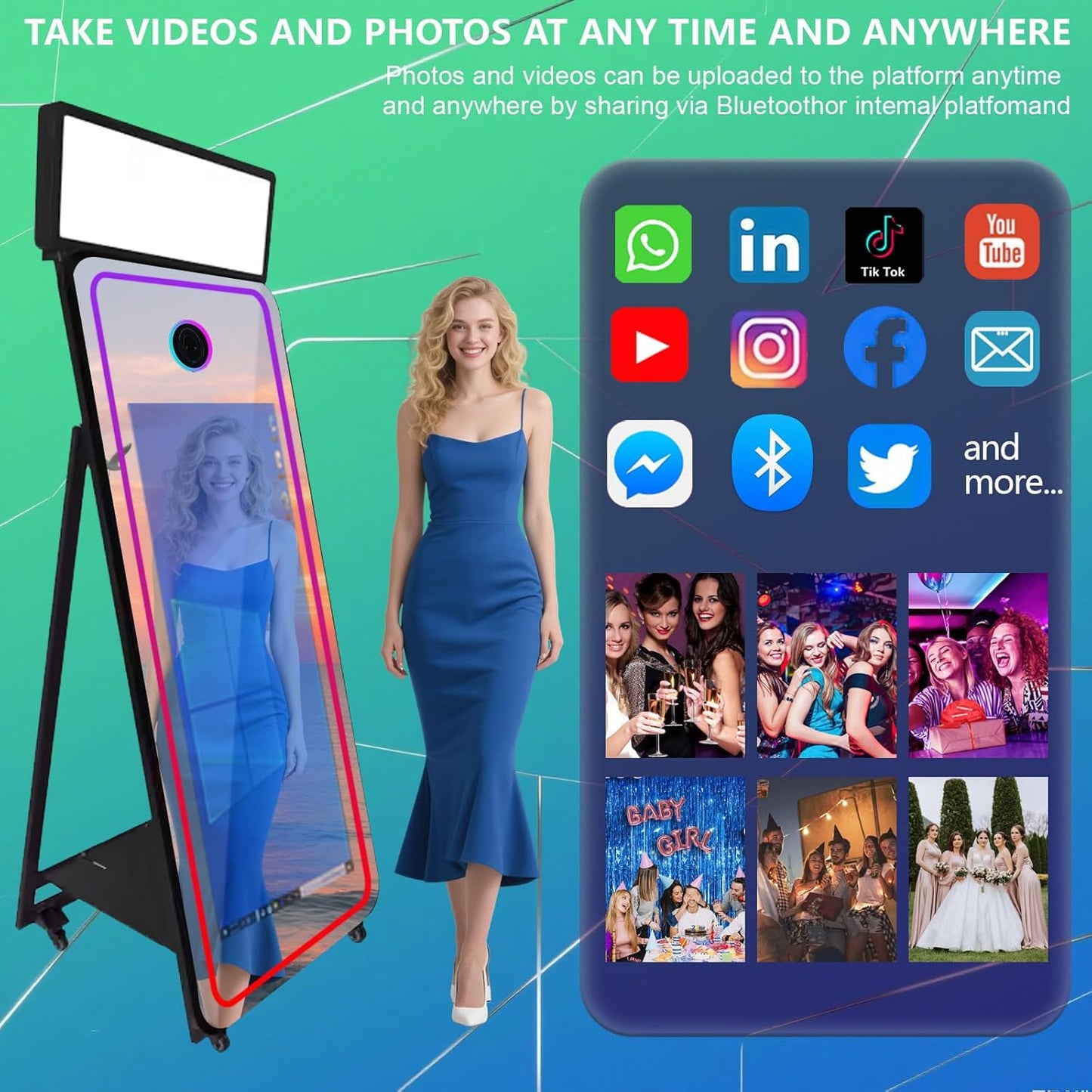 65''Magic Mirror Photo Booth Machine,Mirror Photo Booth 43''Touch Screen,Photo Booth with Flight Case,App Control,RGB Light for Wedding Party Events (Black, Machine+Camera+Mini Printer)